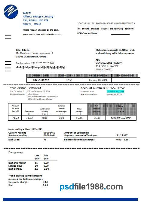 Kazakhstan Alliance Energy Company AEC Utility Bill